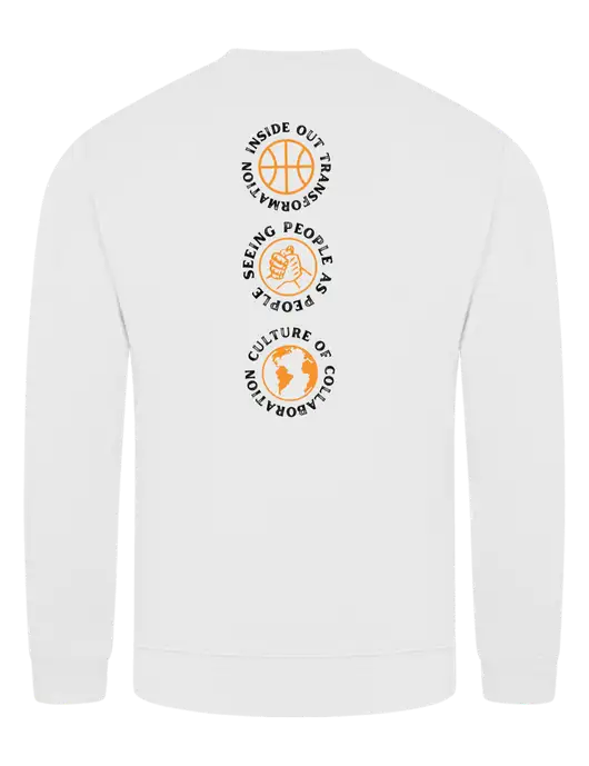 White 7.8 oz Ring Spun Crew Sweatshirt w/Icons logo, Peace Players Brooklyn Logo