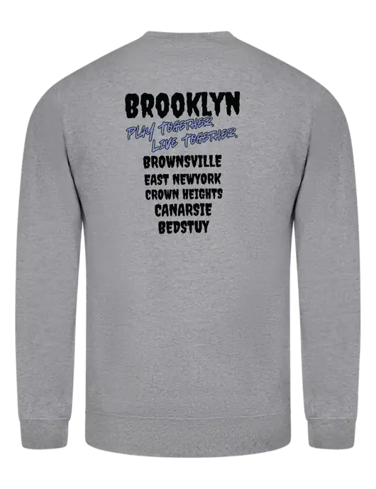 Light Grey Heather 7.8 oz Ring Spun Crew Sweatshirt w/Play Together Logo, Peace Players Brooklyn Logo