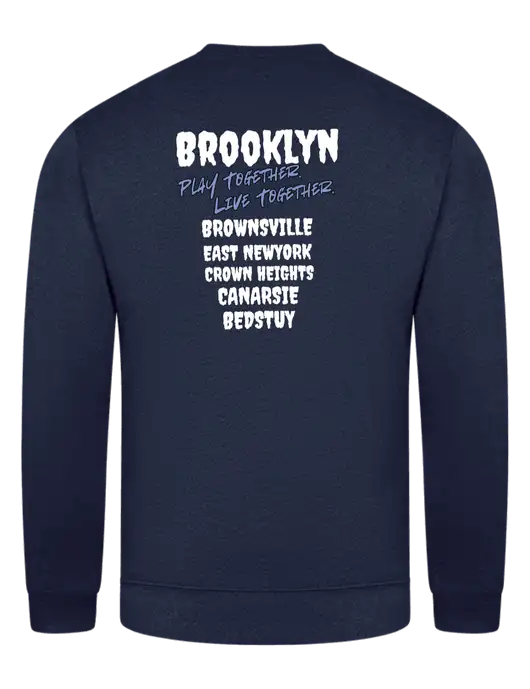 Navy 7.8 oz Ring Spun Crew Sweatshirt w/Play Together Logo, Peace Players Brooklyn Logo