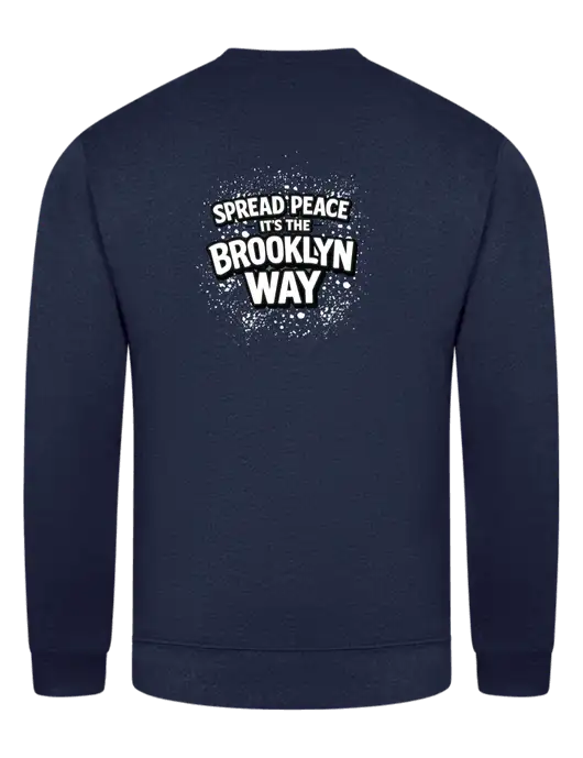 Navy 7.8 oz Ring Spun Crew Sweatshirt w/Spread Peace Logo, Peace Players Brooklyn Logo