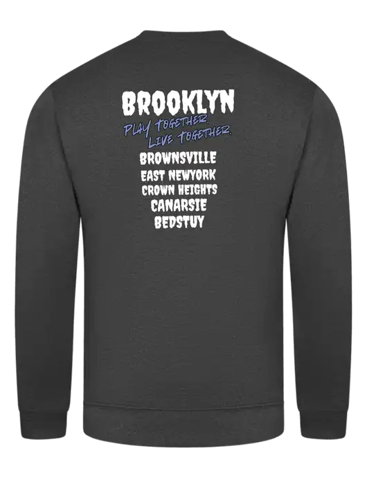 Dark Heather Grey 7.8 oz Ring Spun Crew Sweatshirt w/Play Together Logo, Peace Players Brooklyn Logo