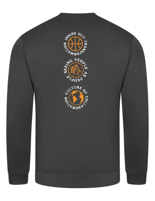 Dark Heather Grey 7.8 oz Ring Spun Crew Sweatshirt w/Icons logo, Peace Players Brooklyn Logo