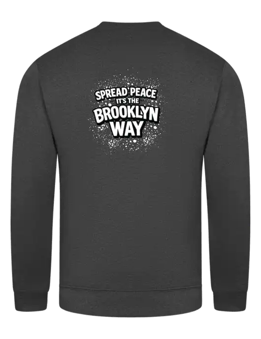 Dark Heather Grey 7.8 oz Ring Spun Crew Sweatshirt w/Spread Peace Logo, Peace Players Brooklyn Logo