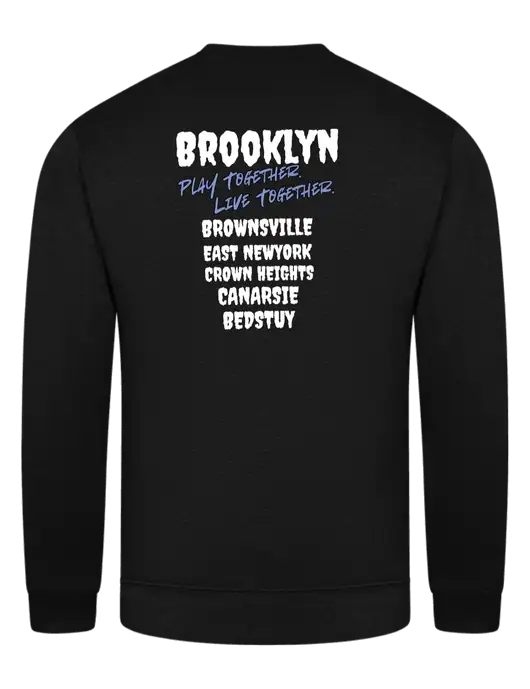 Black 7.8 oz Ring Spun Crew Sweatshirt w/Play Together Logo, Peace Players Brooklyn Logo