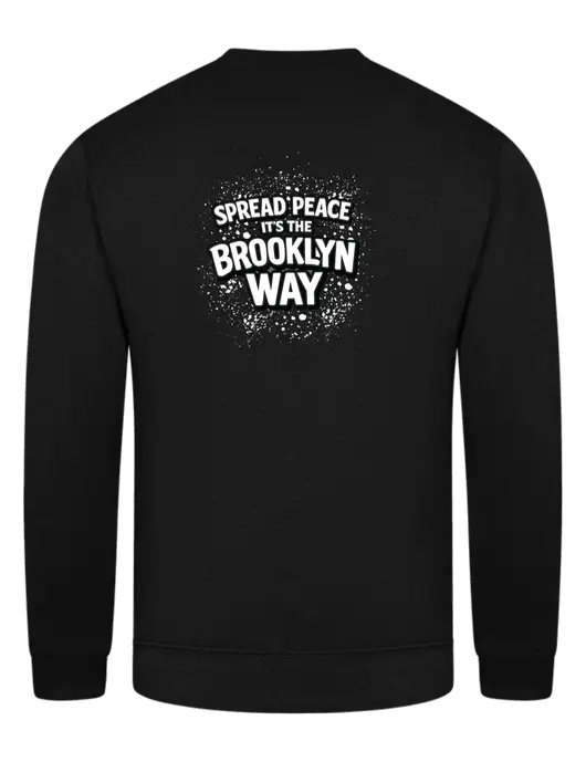 Black 7.8 oz Ring Spun Crew Sweatshirt w/Spread Peace Logo, Peace Players Brooklyn Logo