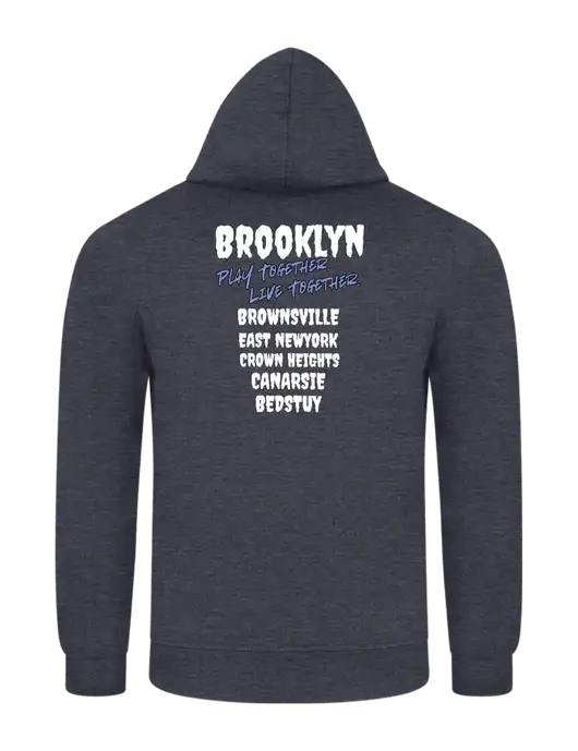 Heather Navy 7.8 oz Ring Spun Hooded Sweatshirt w/Play Together Logo, Peace Players Brooklyn Logo