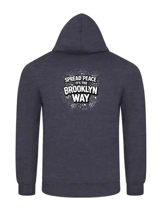 Heather Navy 7.8 oz Ring Spun Hooded Sweatshirt w/Spread Peace Logo, Peace Players Brooklyn Logo