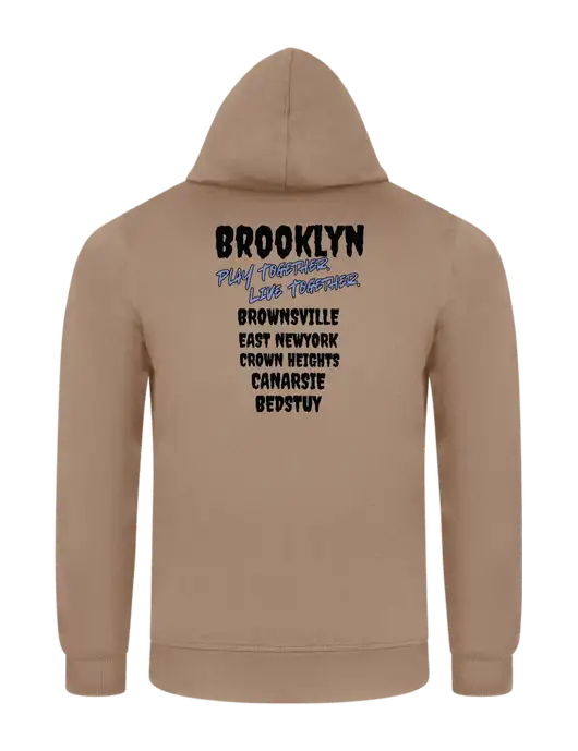 Sand 7.8. oz Ring Spun Hooded Sweatshirt w/Play Together Logo, Peace Players Brooklyn Logo