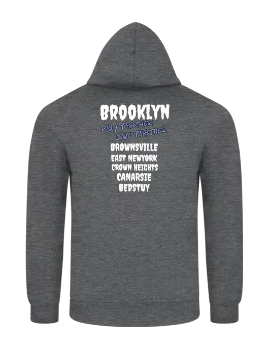 Graphite Heather 7.8. oz Ring Spun Hooded Sweatshirt w/Play Together Logo, Peace Players Brooklyn Logo