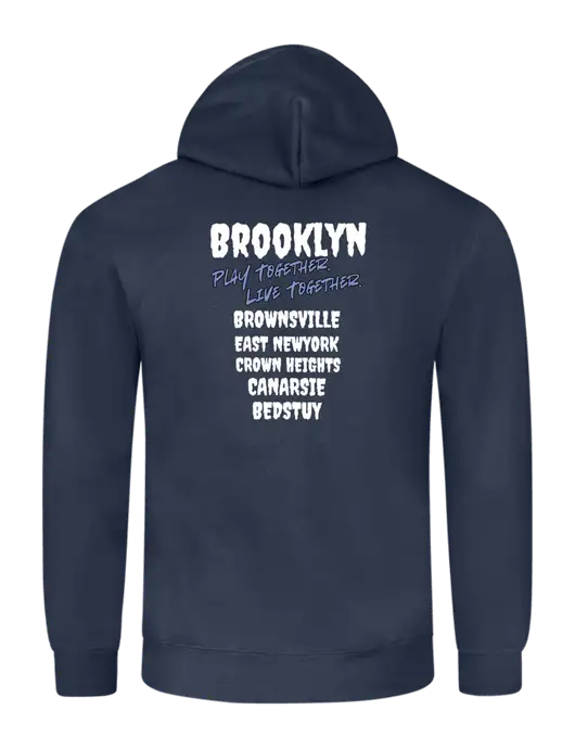 Navy 8.5 oz Ring Spun Hooded Sweatshirt w/Play Together Logo, Peace Players Brooklyn Logo
