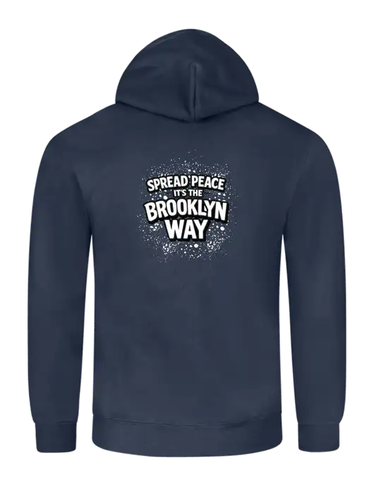 Navy 8.5 oz Ring Spun Hooded Sweatshirt w/Spread Peace Logo, Peace Players Brooklyn Logo