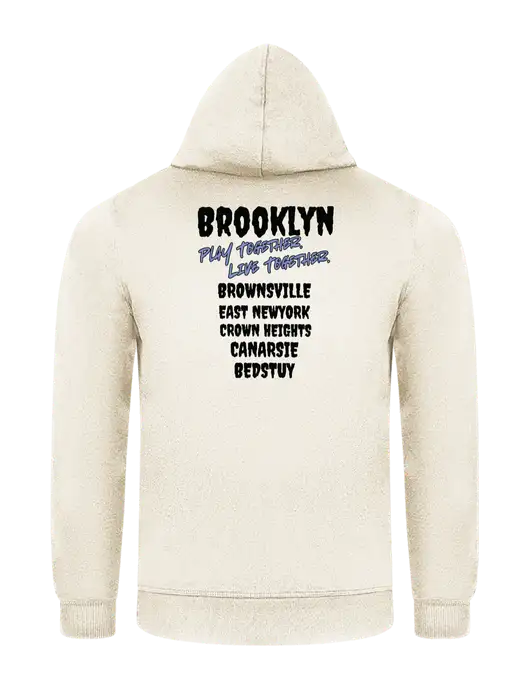 Very Light Tan 7.8 oz Ring Spun Hooded Sweatshirt w/Play Together Logo, Peace Players Brooklyn Logo
