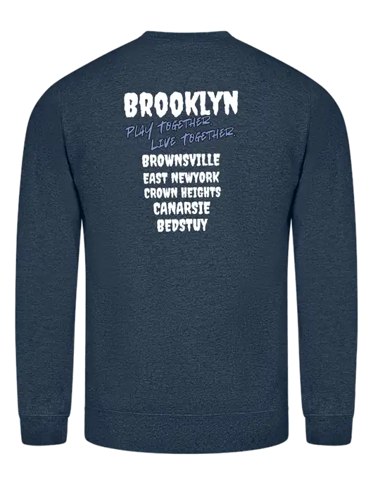 Heather Navy 7.8 oz Ring Spun Crew Sweatshirt w/Play Together Logo, Peace Players Brooklyn Logo