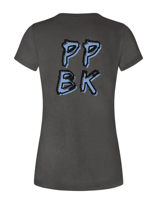 Womens Seriously Soft Heathered Charcoal T-Shirt w/PPBK logo, Peace Players Brooklyn Logo