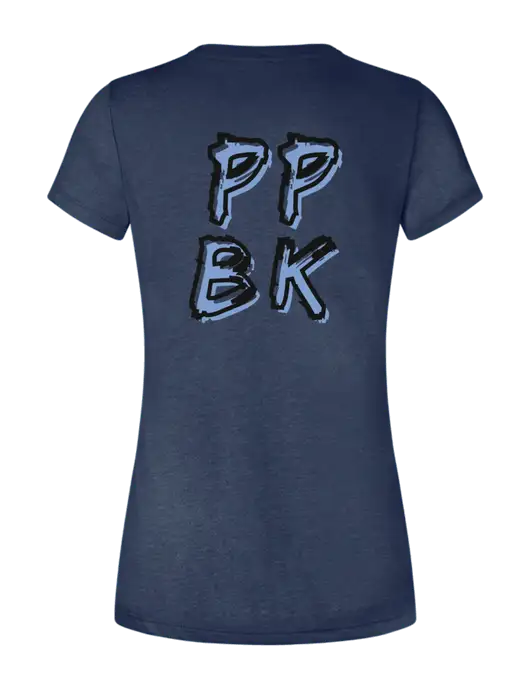 Womens Seriously Soft Heathered Navy T-Shirt w/PPBK logo, Peace Players Brooklyn Logo