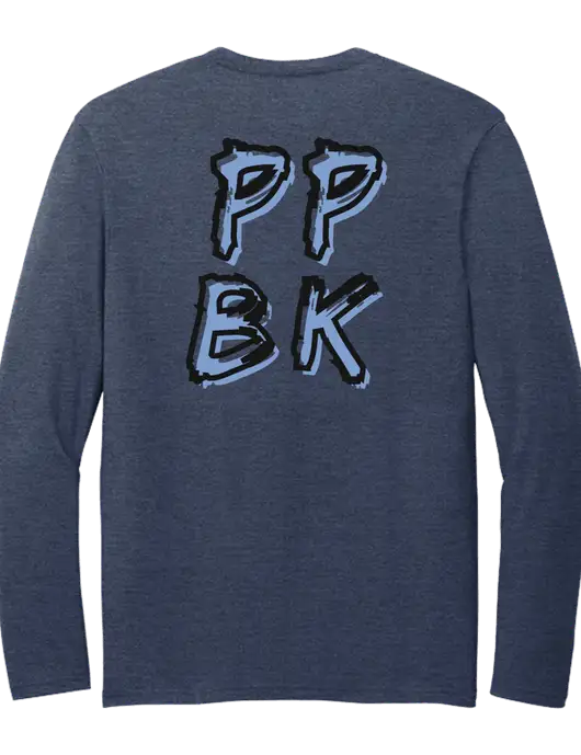 Seriously Soft Heathered Navy Long Sleeve T-Shirt w/PPBK logo, Peace Players Brooklyn Logo