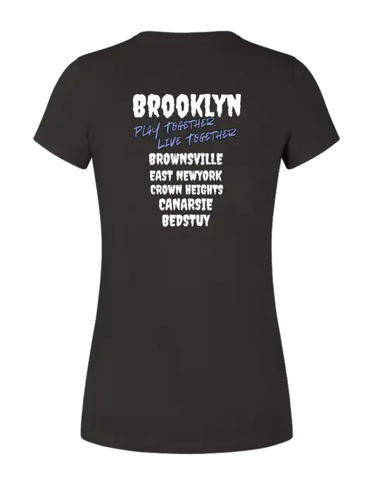 Womens Seriously Soft Black T-Shirt w/Play Together Logo, Peace Players Brooklyn Logo