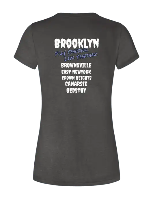 Womens Seriously Soft Heathered Charcoal T-Shirt w/Play Together Logo, Peace Players Brooklyn Logo