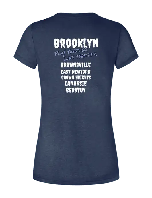 Womens Seriously Soft Heathered Navy T-Shirt w/Play Together Logo, Peace Players Brooklyn Logo