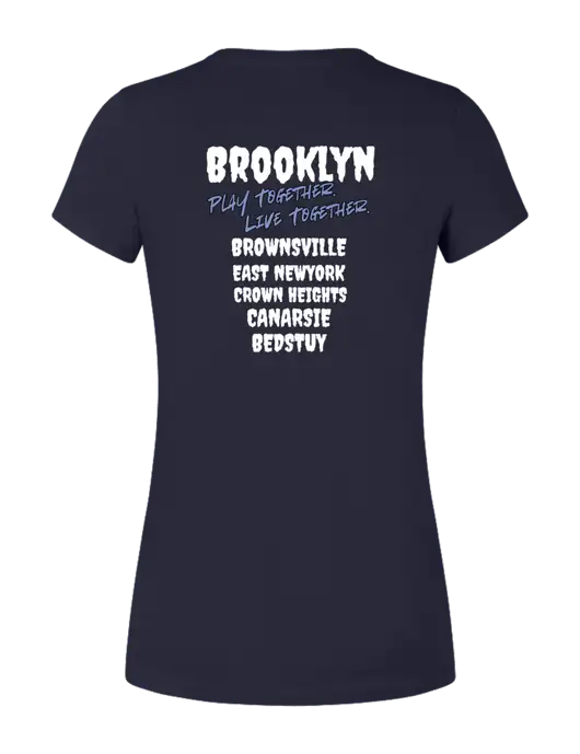 Womens Seriously Soft New Navy T-Shirt w/Play Together Logo, Peace Players Brooklyn Logo