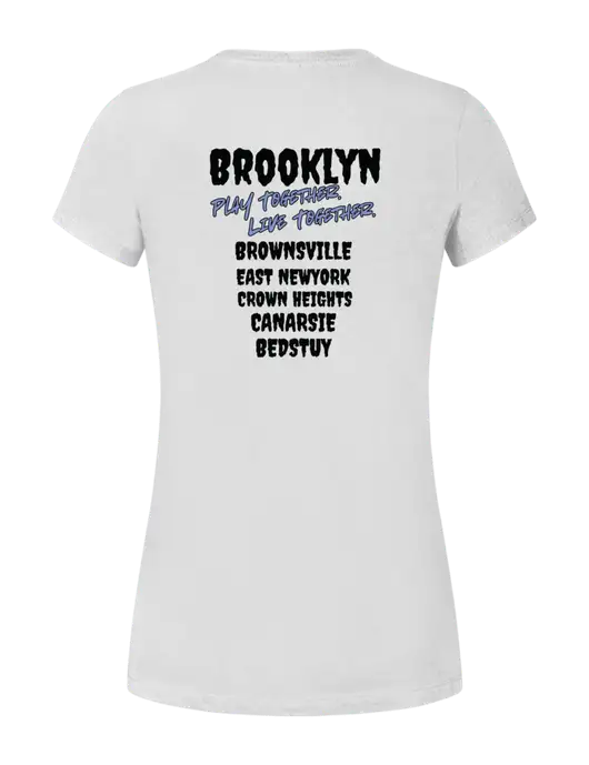 Womens Seriously Soft White T-Shirt w/Play Together Logo, Peace Players Brooklyn Logo