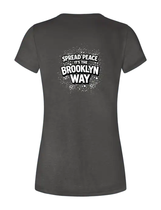 Womens Seriously Soft Heathered Charcoal T-Shirt w/Spread Peace Logo, Peace Players Brooklyn Logo