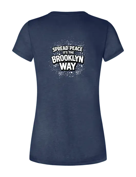 Womens Seriously Soft Heathered Navy T-Shirt w/Spread Peace Logo, Peace Players Brooklyn Logo